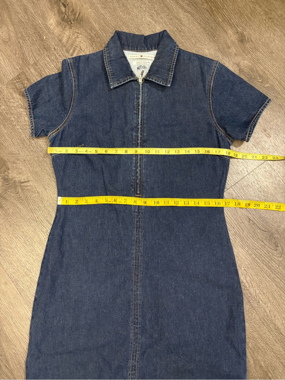 Vtg Y2K Tommy Hilfiger 1/4 Zip Dress Size 10 Denim A-Line Short Sleeve Dark Wash - Picture 9 of 10